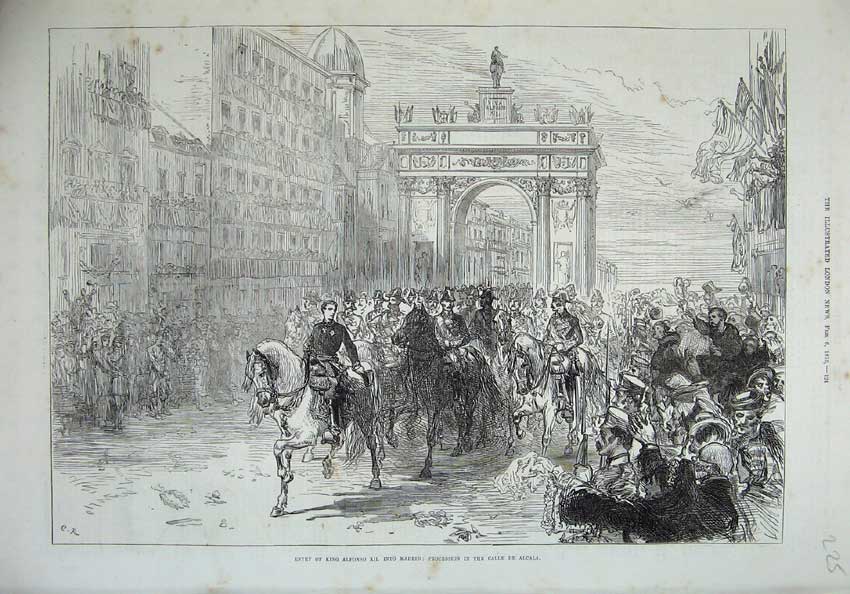 Old Antique Print 1875 King Alfonso Madrid Spain Procession Calle Alcala 19th