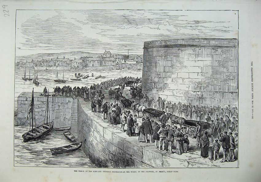 Old Antique Print 1875 Ship Wreck Schiller Funeral St Mary'S Scilly Isles 19th