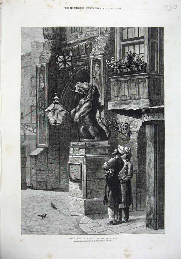 Old Antique Print Fine Art 1875 British Lion Statue Gate Dudley Gallery 19th