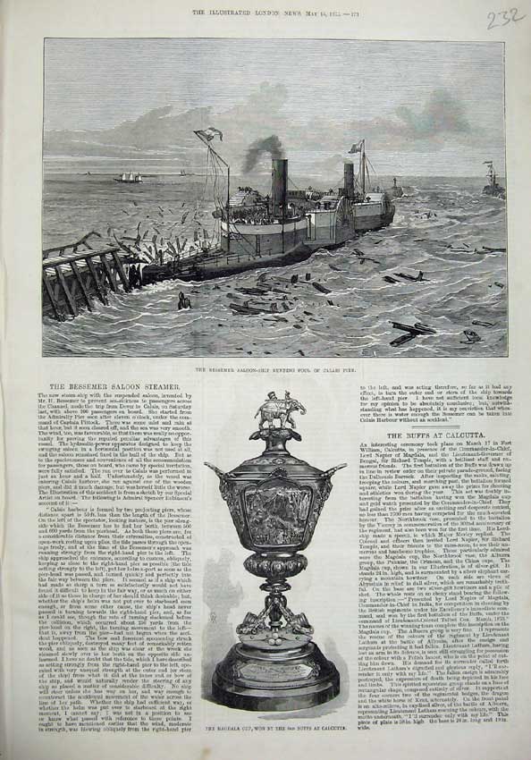 Old Antique Print 1875 Bessemer Saloon Ship Calais Pier Magdala Cup Buffs 19th