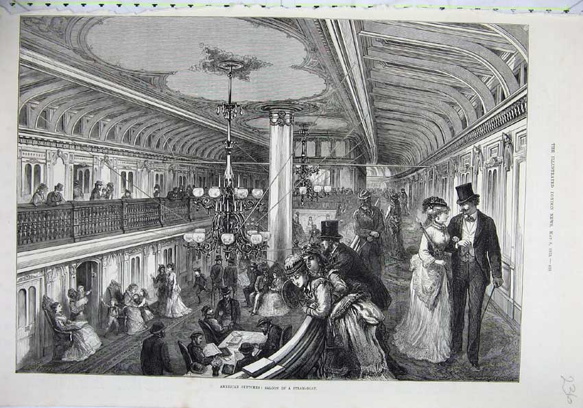 Original Old Antique Print 1875 Fine Art America Saloon Steam Boat Ship People
