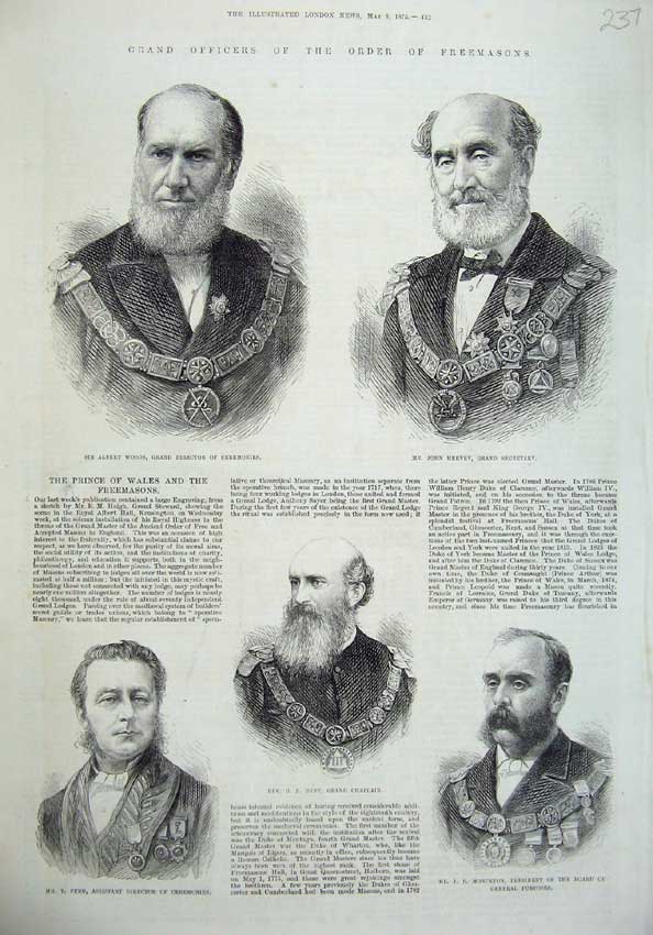 Old Antique Print 1875 Freemasons Fenn Monckton Bent Hervey Woods Officer 19th
