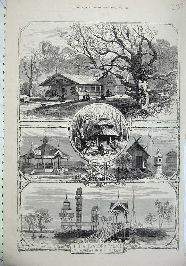 Old Antique Print 1875 Alexandra Park Pavilion Summer House Swiss Chalet 19th