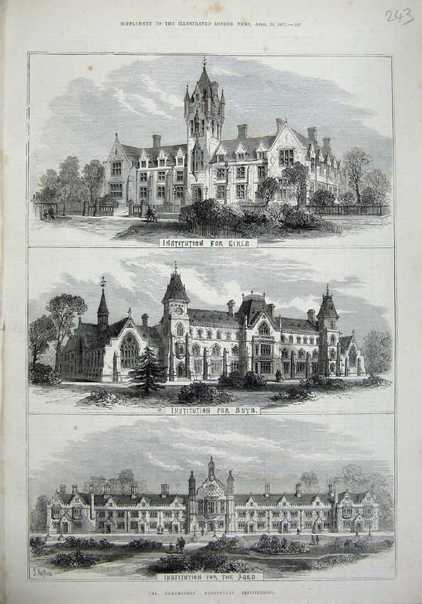 Old Antique Print 1875 Freemasons Benevolent Institution Girls Boys Aged 19th