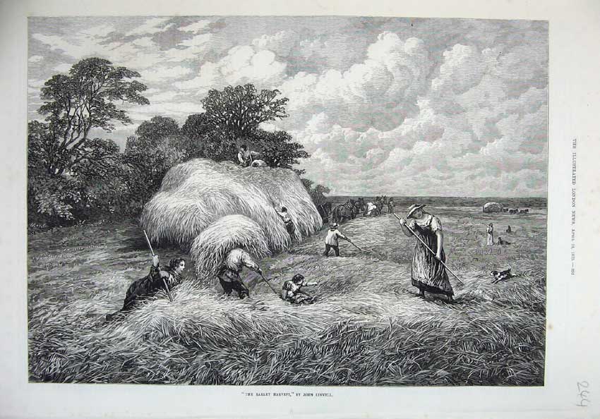Old Antique Print 1875 Fine Art Barley Harvest Farming Hay-Stack Fine Art 19th
