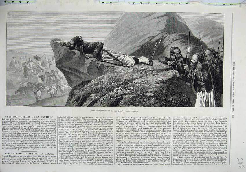 Original Old Antique Print 1875 War Army Rocks Watching Horses Cows Sheep Lange