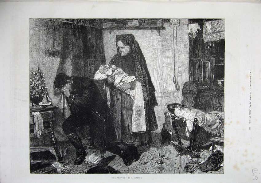 Original Old Antique Print 1875 Fine Art Widower Woman Baby Man Crying Gunther