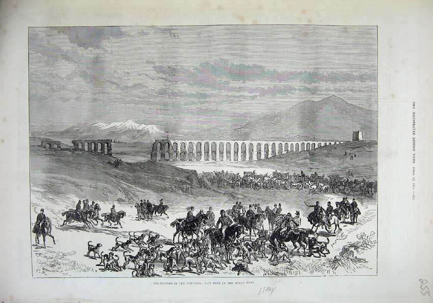Original Old Antique Print 1875 Fox Hunting Campagna Roman Itlay Viaduct Horses