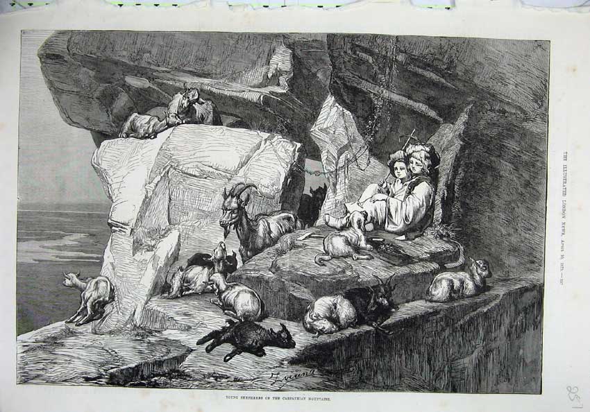 Old Antique Print 1875 Fine Art Young Shepherds Carpathian Mountains Goat 19th
