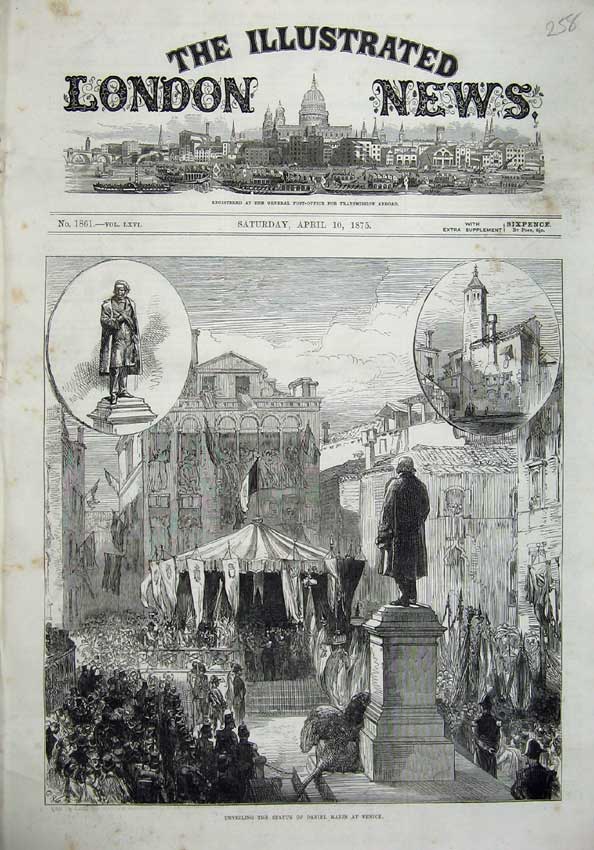 Old Antique Print 1875 Unveiling Statue Daniel Manin Venice Architecture 19th