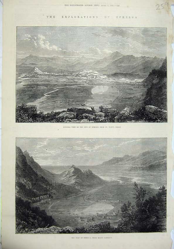 Old Antique Print 1875 View Ephesus Mount Coressus Mountains Pauls Prison 19th