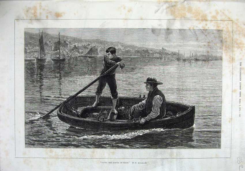 Old Antique Print 1875 Fine Art Boy Man Boat River Fishing Town Macallum 19th