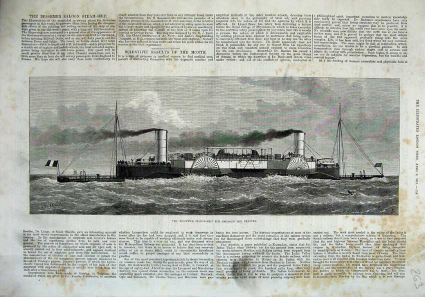 Original Old Antique Print 1875 Bessemer Saloon Steam Ship English Channel Art