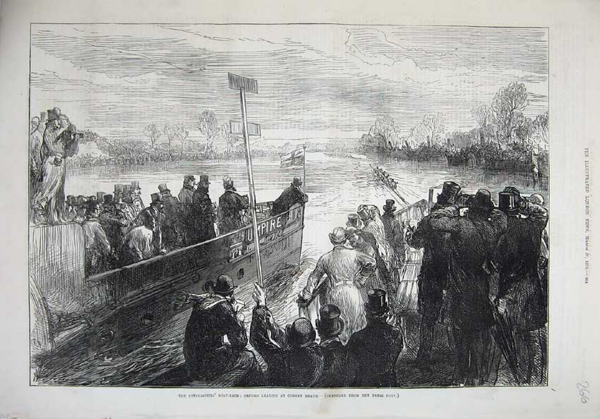 Old Antique Print 1875 Universities Boat Race Oxford Corney Beach River 19th