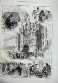 Old Antique Print 1875 Madrid Spain Street Cobbler Arch Maria Castle Army 19th