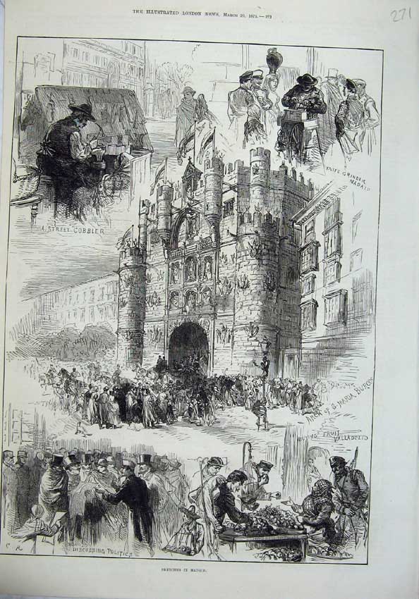 Old Antique Print 1875 Madrid Spain Street Cobbler Arch Maria Castle Army 19th
