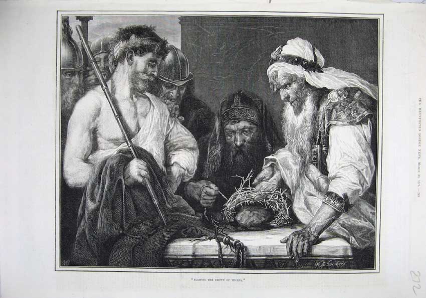Original Old Antique Print 1875 Fine Art Plaiting Crown Thorns Men Costumes