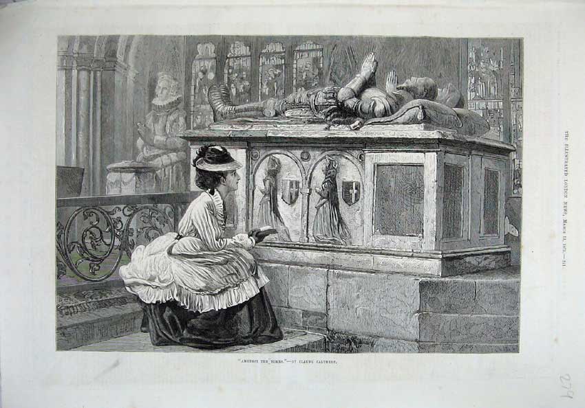 Original Old Antique Print 1875 Young Women Sitting Tomb Church Claude Calthrop