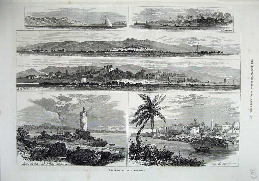 Old Antique Print 1875 Views Slave Coast Africa Mombovia Magadona Towns 19th