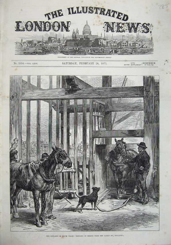 Original Old Antique Print 1875 Lock-Out Wales Horses Castle Pit Cyfarthfa Art