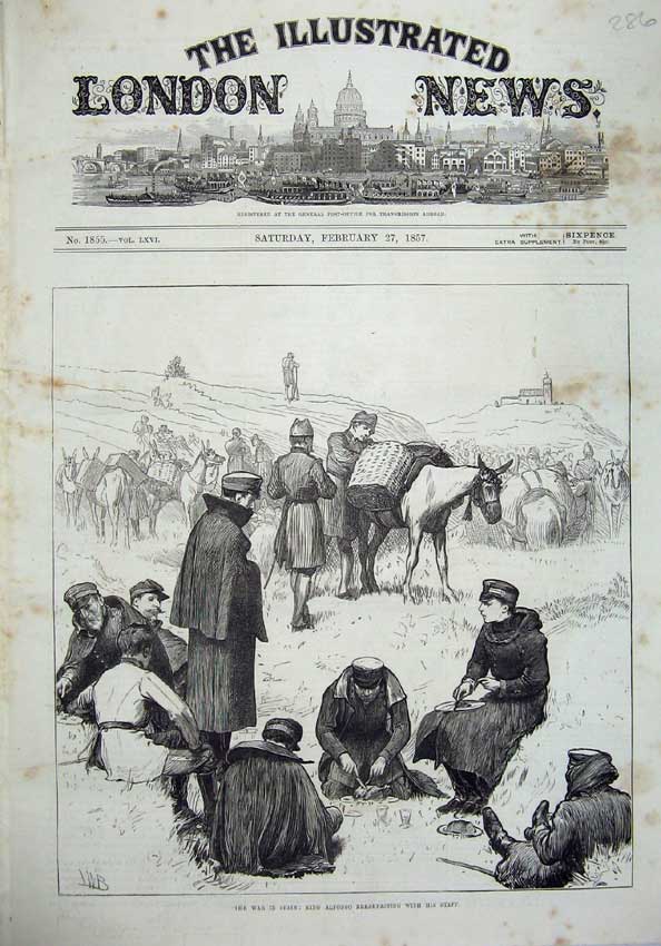 Old Antique Print 1857 War Spain King Alfonso Eating Breakfast Staff Army 19th