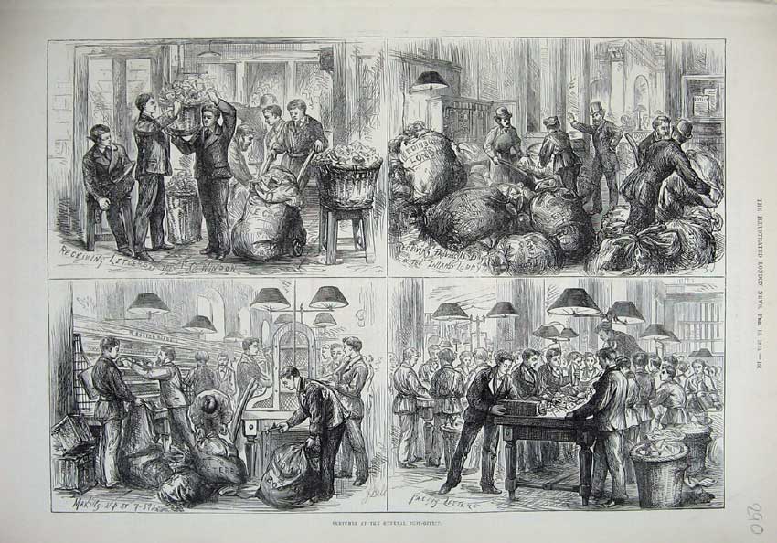 Old Antique Print 1875 General Post Office Letters Sack Inland Lobby Mail 19th
