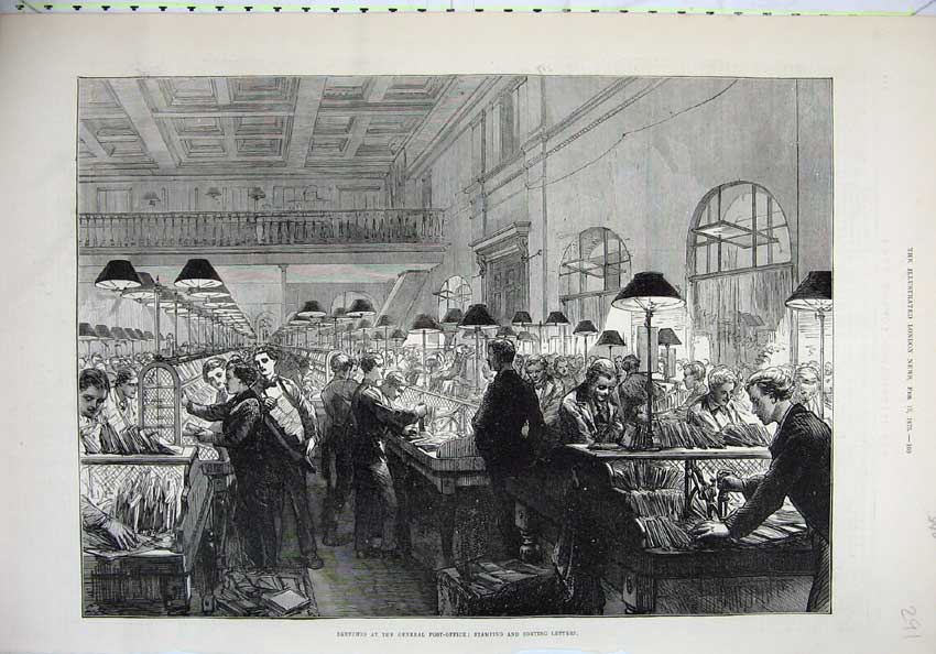 Old Antique Print Fine Art 1875 General Post Office Stamping Letters Mail 19th