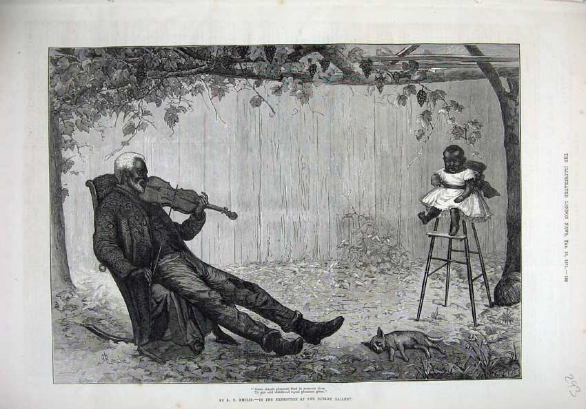 Original Old Antique Print 1875 Fine Art Coloured Man Music Little Baby Dog