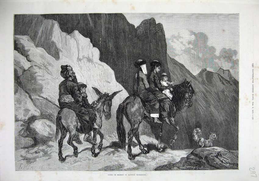 Old Antique Print 1875 Fine Art Going Market Eastern Turkestan Horse Hill 19th