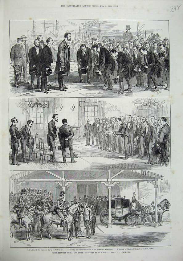 Old Antique Print 1875 China Japan Envoy Tokohama Railway Station Jeddo 19th