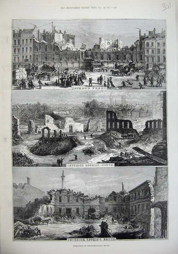 Old Antique Print 1875 Demolition Northumberland House Strand Front Art 19th