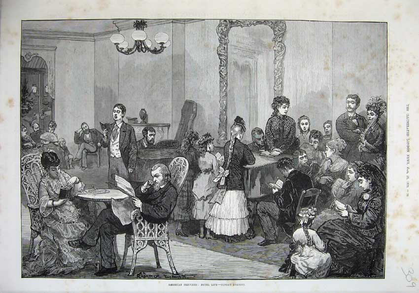 Original Old Antique Print 1875 American Sketches Hotel Life People Singing Art