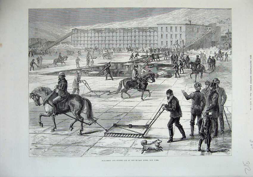 Old Antique Print 1875 Ploughing Storing Ice Hudson River New York Winter 19th