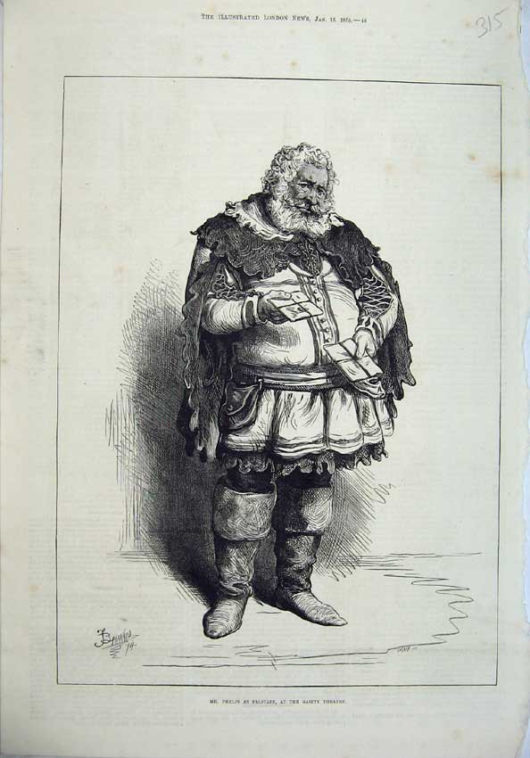 Original Old Antique Print 1875 Mr Phelps Falstaff Gaiety Theatre Costume 19th