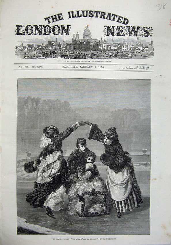 Original Old Antique Print 1875 Ice Skating Winter Man Women Skates Fine Art