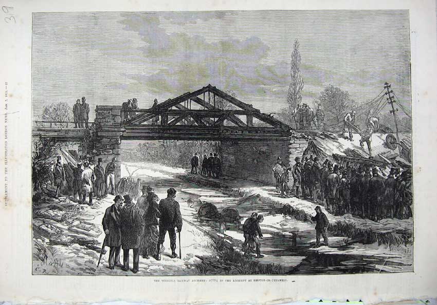 Original Old Antique Print 1875 Railway Accident Shipton-On-Cherwell Bridge Art