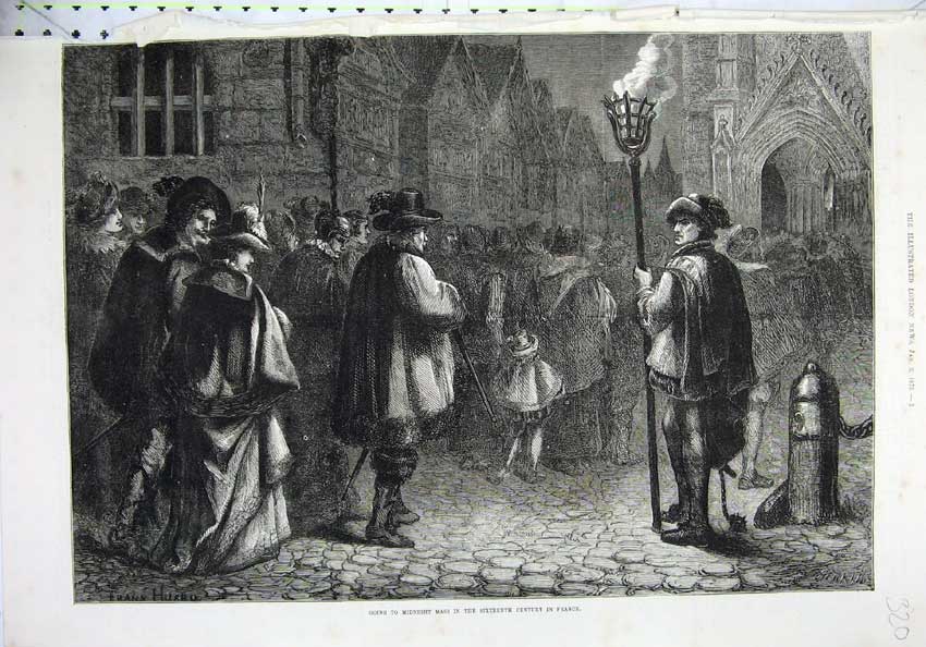 Old Antique Print 1875 Fine Art Midnight Mass People Street Scene France 19th