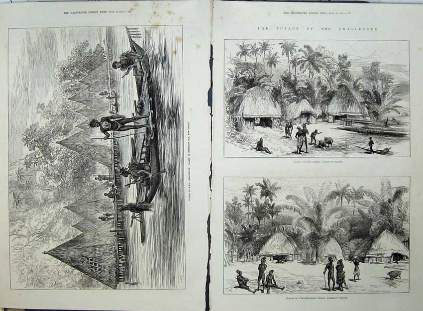 Original Old Antique Print 1875 Village Humbt Guinea Admiralty Islands Natives