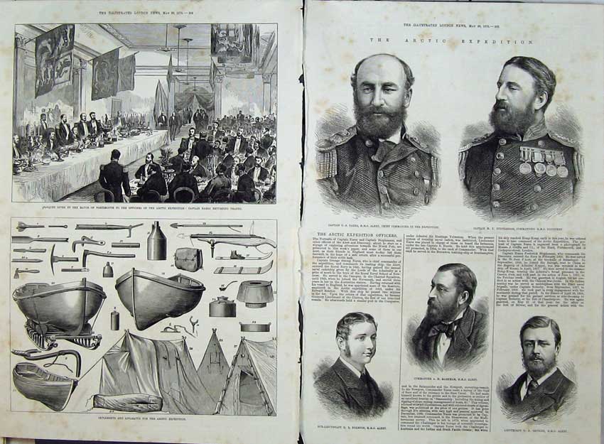 Old Antique Print 1875 Arctic Expedition Banquet Implements Officers Men 19th