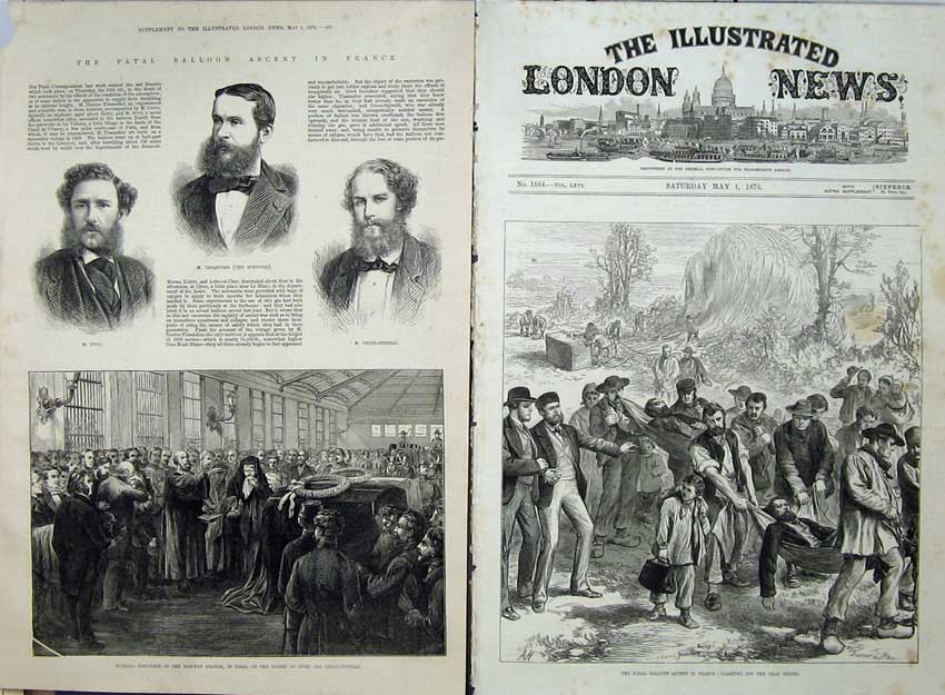 Antique Old Print 1875 Balloon Accident France Dead Railway Sivel Funeral 19th