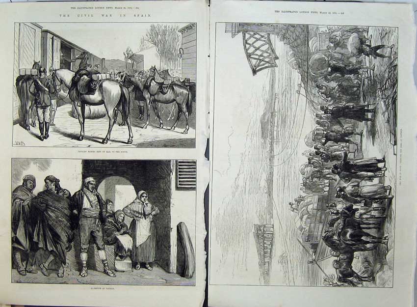 Old Antique Print War Spain 1875 Cavlary Horse Tafalla Ebro Castijon Art 19th