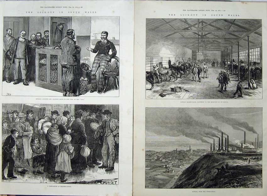 Old Antique Print Wales 1875 Pawn-Office Coal Dowlais Cinder Pit Horses 19th