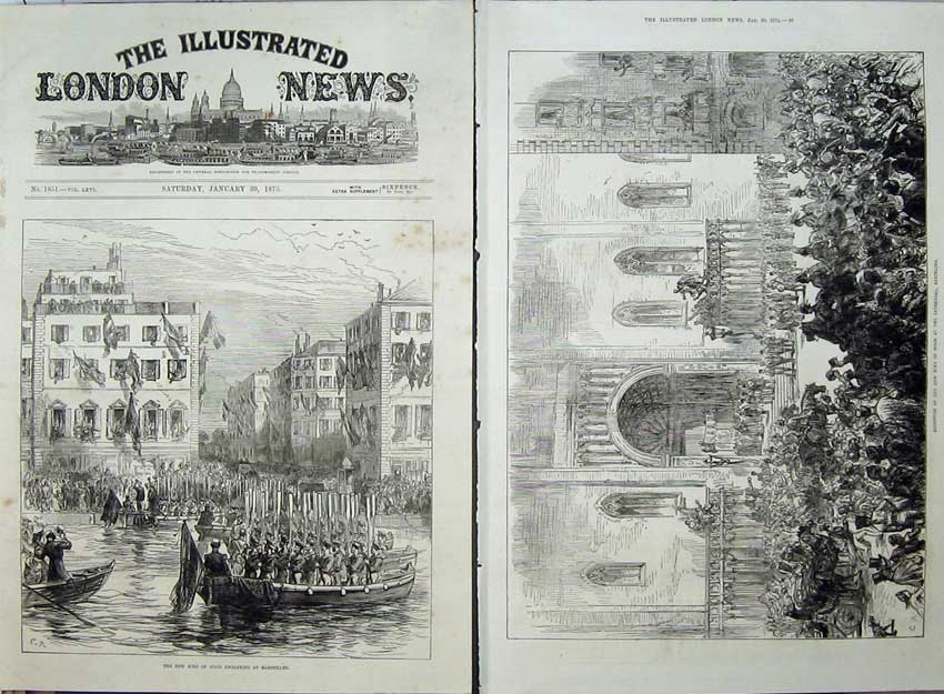 Old Antique Print 1875 King Spain Marseilles Cathedral Barcelona Sketch 19th