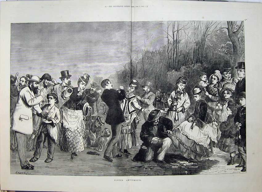 Antique Old Print 1875 Fine Art Winter Amusements Ice Skating Lake Hughes 19th