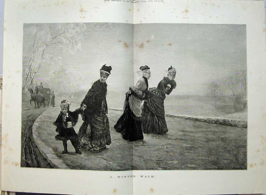 Original Old Antique Print 1875 Fine Art Winter Walk Women Children Horse 19th
