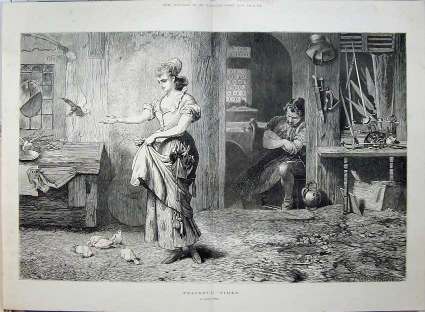 Original Old Antique Print 1875 Peaceful Man Sleeping Woman BirdsVictorian