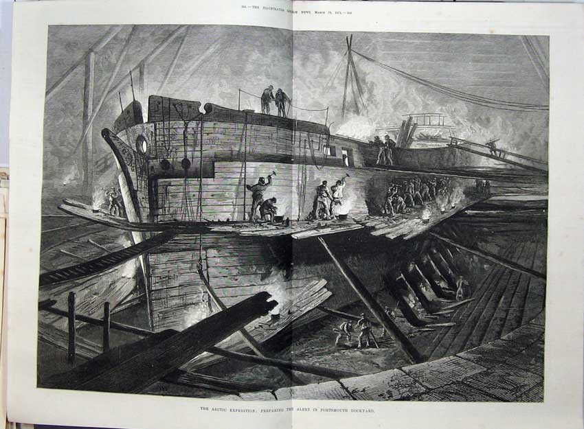 Old Antique Print 1875 Fine Art Arctic Expedition Ship Alert Portsmouth 19th