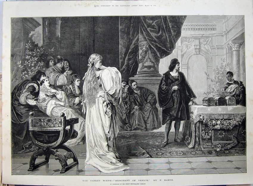Original Old Antique Print 1875 Casket Scene Merchant Venice Barth Theatre Art