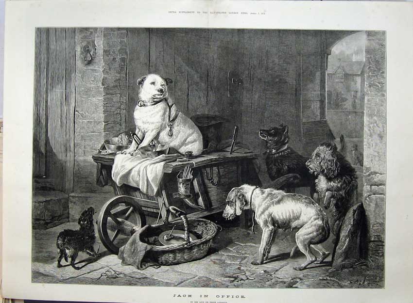 Original Old Antique Print 1875 Fine Art Dogs Playfull Basket Cart Landseer