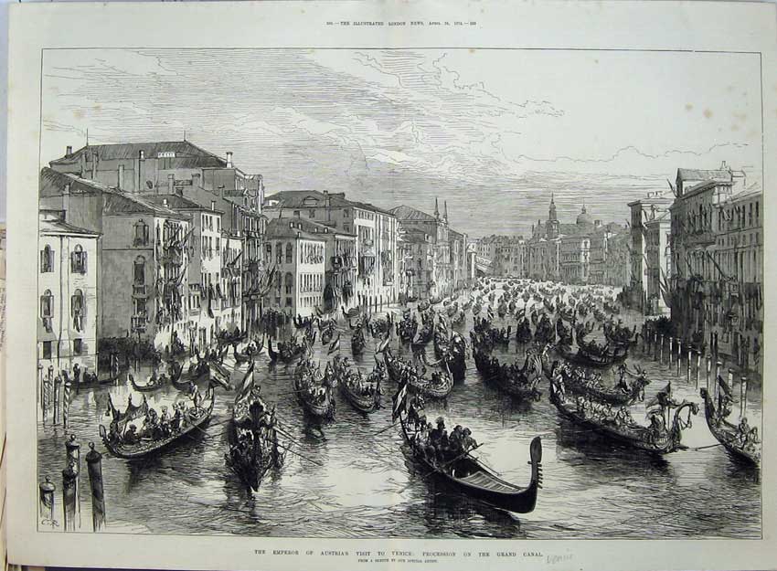 Old Antique Print 1875 Emperor Austria Venice Procession Grand Canal Art 19th